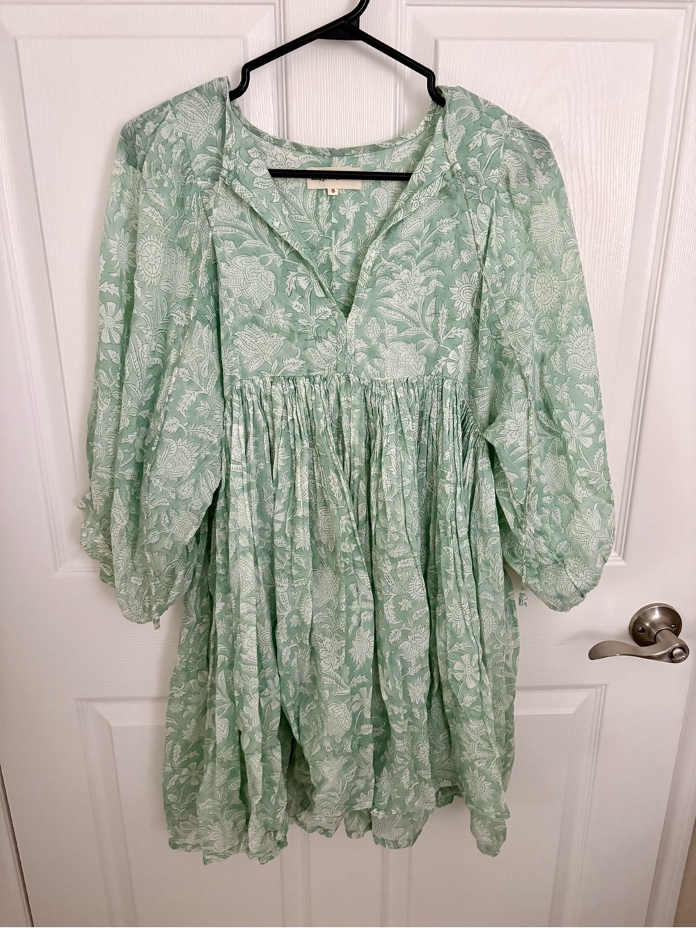 Daughters of India Light Green Floral V-Neck Women's Dress